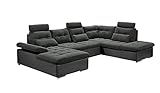 Kabs Polsterwelt Wohnlandschaft Jakarta III dunkelgrau Ottomane rechts U-Form mit Schlaffunktion 324 x 107 x 170 cm - Moderne Couch mit Bettkasten, verstellbaren Armlehnen & Kopfstützen Rücken echt