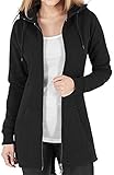 Vancavoo Fleecejacke Damen Lang Winterjacke Sweatjacke Kapuzenjacke Zip Kapuzenpullover Lose Jacken Einfarbig Sweatshirt Langen Mantel Cardigan Outwear Mit Taschen,Schwarz L