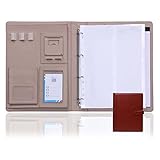 KARMIO A4 Portfolio Mappe PU Leder Schreibmappe Taschenrechner Organizer Etui Mit 4 Ringbindern A4 Schreibblock Kartenhalter Für Schule Büro Konferenz (Color : Brown, Size : No Calculator)