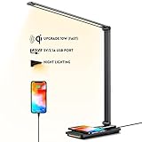 JOSTIC Schreibtischlampe LED, 18W Büro Tischlampe mit 10W Wireless Charging und USB Ladefunktion, 550LM Schreibtischleuchte Dimmbar mit Nachtlicht, Schreibtisch lampe für Büro, Lesen, Studieren