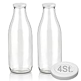 2 Milchflaschen 1000ml mit 4 Deckel BPA frei Saftflaschen Glasflaschen 1L auch erhältlich mit 4/6/9/12/15 Flaschen Smoothie Weithalsflaschen Milchflasche leer zum Befüllen Trinkflasche Schraubdeckel