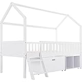 Hausbett Spielbett mit Rausfallschutz & 2 Ablagefächern/Leiter, Hausform Einzelbett Jugendbett für Kinder/Mädchen/Junge, Max 150kg, 90x200 cm, Weiß