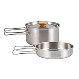 Camping Topf Pfanne Edelstahl Camping Kochtopf Und Pfanne Set Camping Kochtopf mit Deckel und Klappgriff Outdoor Kochgeschirr für Bushcraft Picknick