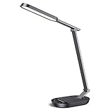 Schreibtischlampe LED, Metall-Stoffdesign Tischlampe Dimmbare 5 Helligkeiten 5 Farb Stabil Schreibtischleuchte Modisch Augenschutz Tischleuchte für Büro& Lesen Eisengrau