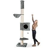 Happypet® Kratzbaum XXL deckenhoch mit großer Höhle | 250-275 cm | extra Stabiler Deckenspanner | 17 cm Dicke Sisalstämme | 45 cm Liegemulde | geprüfte E1 Holzplatten | Main Coon | GRAU