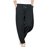 G-LIKE Herren Damen Haremshose Aladinhose - Chinesisch Retro Stil Weite Beine Yogahose Pilates Kampfsport Kung Fu Tai Chi Thailändisch Freizeit Knickerbocker Ausgeleiert Training Hose (Schwarz, XL)