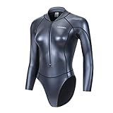 LEOHEX Langarm Rashguard Frauen Metallic Glänzend Einteiler Badeanzug Reißverschluss Surfanzug Badeanzug Hoher Hals Tauchanzug (XXL, Schwarz)