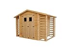 TIMBELA Holzhaus Gartenhaus mit Brennholzschuppen M391 - Gartenschuppen Holz B328xL206xH218 cm/ 3,53 + 0,97 + 0,97 m2 Lagerschuppen für Garten - Fahrrad Schuppen - Wasserfestes Dach