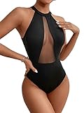 SheIn Damen Neckholder Body Mesh Bodysuit Ohne Ärmel Slim Bodies Oberteil Overall Sexy Teil Schwarz M