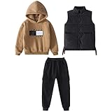 amropi Jungen Hoodie Trainingsanzug Kapuzenpullover Sweatshirt Weste Jogging Hose 3 Stück Kleidungsset Khaki Schwarz, 3-4 Jahre