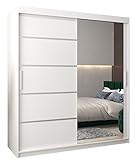 Schwebetürenschrank Verona 2-180 cm mit Spiegel Kleiderschrank mit Kleiderstange und Einlegeboden Schlafzimmer- Wohnzimmerschrank Schiebetüren Modern Design (Weiß)