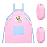 Orenge Kinder Kochschürze Mädchen Jungen Küchenschürze mit Ärmel Schürzen mit Taschen Doppelte Schultergurte Schürze Grillschürze Malschürze Latzschürze Geschenk zum Küche Kochen Backen Malen (Rosa)