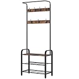 Kleiderständer Garderobenständer Garderobe Kleiderstange mit Sitzbank 16 Haken Metall Holz Vintage Schwarz 184x72x33.5cm