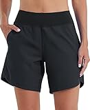 WILLIT Damen 7' Badeshorts Schwimmen Boardshorts Badehose Schnell Trocknend Bikini Shorts High Waisted Trunks UPF50+ UVA Schutz mit Liner Taschen Schwarz Größe 44