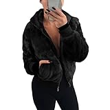 ORANDESIGNE Plüschjacke Damen Teddy Flauschig Kurz Plüschmantel Lässig Fleecejacke mit Kapuze Warm Übergangsjacke Kurzmantel Felljacke Kunstfell Jacket Coat Outwear C Schwarz M