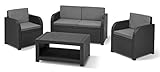 'Allibert by Keter' Modena Lounge Gartenmöbel Set 4teilig, mit Sitzkissen, für Garten, Terrasse und Balkon, grau, wetterfest, Sitzgruppe aus Beistelltisch mit 2 Sesseln und Zweisitzer Gartensofa