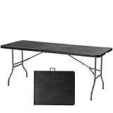 Sekey Campingtisch Klappbar 180 cm, Buffettisch Klapptisch mit Tragegriff für Garten Balkon Rattan & Holzmaserung, Schwarz