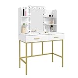 WOLTU Schminktisch mit Spiegel mit LED-Beleuchtung Frisiertisch mit 2 Schubladen Modern Kosmetiktisch für Schlafzimmer Melaminplatte und Metall Weiß und Gold 45x136x90cm MB6077ws