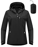 Outdoor Ventures Damen Regenjacke 10000MM Wasserdicht Leichte Gefüttert Packbar Sportjacke Funktionsjacke Atmungsaktiv Fahrrad Jacke mit Kapuze Schwarz M