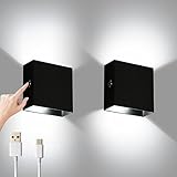 Lightess 2Pcs LED Wandleuchten Innen, Batteriebetrieben, Dimmbare Wandleuchte mit Touch Control, aufladbar USB, Kaltweiß, Up Down Wandlampe Akku Wandleuchten für Schlafzimmer Wohnzimmer, Schwarz