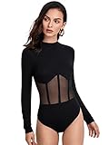 SheIn Damen Bodysuit Stehkragen Durchsichtiges Netz Bodys Langarm Bodies Schwarz M