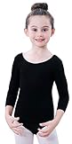 Soudittur Kinder Ballettanzug Baumwolle 3/4 Langarm Ballett Trikot Tanz-Body Turnanzug für Mädchen (Schwarz, Tag 140(Höhe: 135-145 cm))