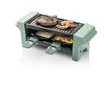 Bestron Raclette für 1 bis 2 Personen, Mini Tischgrill mit zwei Pfännchen und zwei Holzschabern, 350 Watt, Farbe: Grün/Schwarz