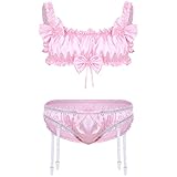 CHICTRY Herren Satin Sissy Dessous Unterwäsche Set V-Ausschnitt BH Bra Top + Ouvert-String Tanga Erotik Bikini Set M-XXL Rosa B XXL