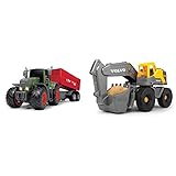 Dickie Toys 203737002 Fendt 939 Vario Spielzeugtraktor mit Fliegl Anhänger & Volvo Schaufelbagger, Bagger, Baustellenfahrzeug mit beweglicher Schaufel und Schaufelarm, Baustelle, 26 cm, gelb/grau