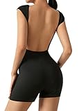 Loalirando Damen Jumpsuit Rückenfrei Bodysuit Sexy Sommer Overall Kurz Einteiler Hosenanzug Sport Playsuit (Schwarz, S)