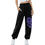 Schwarz Jogginghose Damen Lang Freizeithose Sporthose Trainingshose Elegant Stoffhose Gefütterte Yogahose für Frauen Teenager Mädchen Damen Vintage Drachen Bedrucken Outdoor Taschen Sweatpant