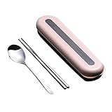 Tragbarer Besteckkoffer Essstäbchen Löffel Set für Schule, Zuhause, Büro, Camping, Reisen, Outdoor (Rosa, 3-teiliges Set)