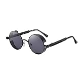 VJK Vintage Retro Steampunk Sonnenbrille Rund Kreis Polarisiert UV400 Metallrahmen für Männer Frauen Unisex, Schwarz , 135MM