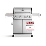 4-Brenner Gasgrill Big FRED Deluxe mit 900°C Keramikbrenner und Seitenkochfeld, 17 kW Edelstahl Grillwagen mit klappbaren Seitentischen, Gusseisen-Grillrost, Piezozündung inkl. Abdeckhaube