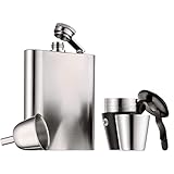 WMF Manhattan Flachmann Edelstahl 6-teilig, Flachmann 200ml, Flask 20cl, Trichter, Stamper im Lederetui, Cromargan Edelstahl mattiert, Geschenkidee