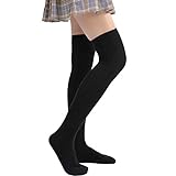 Soudittur Damen Kniestrümpfe Overknee Strümpfe Warme Knitting High knee Socks Mädchen Sport Socken Leggings Strümpfe Cheerleader Baumwollstrümpfe (1 Paar Schwarz - A)