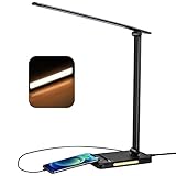 JOSTIC Schreibtischlampe LED, 10W Büro Tischlampe 5 Farb und 7 Helligkeitsstufen Dimmbar, 550LM Schreibtischleuchte mit Nachtlicht und USB Anschluss, Schreibtisch lampe für Büro, Lesen, Studieren