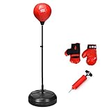 DREAMADE Boxset Boxstand für Kinder, Punchingball Set höhenverstellbar von 122cm-154cm, Punching Standbox für Kinder über 8 Jahre alt, Standboxsack mit Boxhandschuhen & Pumpe, Rot & Schwarz