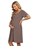 KOJOOIN Nachthemd Damen Geburt Stillnachthemd Baumwolle Stillkleid Kurzarm Nachtkleid Nachtwäsche mit Durchgehender Knopfleiste Khaki M