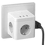 Steckdosenwürfel mit USB, 3 Fach Mehrfachsteckdose Steckdosenadapter (2400W/10A), 3er Steckdose mit Schalter, Mehrfachstecker Dreifachstecke ohne Kabel mit 3 USB (5V/3.1A) für Büro, Zuhause - Weiß