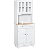 HOMCOM Küchenschrank mit 2 Schubladen offene Fächer Küchenbuffet Hochschrank mit verstellbarem Regal Esszimmerschrank für Küche Holz Weiß+Natur 68 x 39,5 x 170 cm