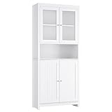 FOREHILL 190cm Hochschrank, Vitrinenschrank mit 4 Türen, Küchenschrank, Bücherschrank für Küche Wohnzimmer Büro Esszimmer, Weiß