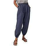 Laufhose Damen 3/4 Länge Leinenhose Sommer Einfarbig Baggy Lounge Hose GroßE GrößEn Baumwolle Leinen Hose Bequem Stoffhose Gerades Bein Sommer Aladinhose Caprihose Haremshosen Sommerhosen Freizeithose