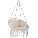 TecTake 800708 Hängesessel zum Aufhängen, Indoor und Outdoor, Ø Sitzfläche: ca. 60 cm, robuste Konstruktion, inkl. großem weichem Kissen - Diverse Farben - (Beige | Nr. 403205)