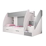 Fabryka Mebli Idźczak Hochbett Kinderbett Martin Etagenbett Stockbett Stockbett Boxspringbett - Schubfächer, Treppe, Kommode, Bücherregal mit Regalen, Modern Design (Weiß/Grau), 80 x 200 cm