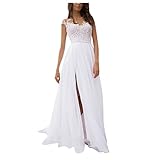 Damen Elegant Hochzeitskleid Spitze Chiffon V-Ausschnitt Abendkleid Brautkleid Kleid Spitzenkleid Split Hochzeitskleid Lange Sommerkleider für Frauen Casual Sommer, weiß, Medium