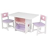 KidKraft 26913 Tisch-Set Herz mit 2 Stühlen aus Holz mit Aufbewahrungskisten, Kinderzimmermöbel – Weiß und Pastell