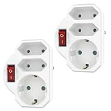 benon 2er Set Mehrfachstecker Weiß mit Schalter - Steckdosen-Adapter mit Kindersicherung - Doppelstecker 3680W - 3Fach Multistecker - 2 Euro- und 1 Schuko - Mehrfachsteckdose