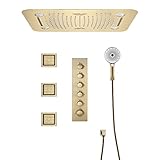 HIDEEP Duschsystem mit Thermostat, Musik Duschsystem Unterputz 64 Farben LED Duschset Gebürstetes Gold Dusche Regendusche Set mit 580 * 380 mm 3 Funktionen Duschkopf, 3pcs Massage Seite Spray