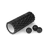 Faszienrolle mit Massagebälle Yoga Säule Pilates Rolle vor und nach Training Foam Roller Sport Schaumstoff Rolle Faszienball Twinball Duoball Faszien Set (Schwarz)